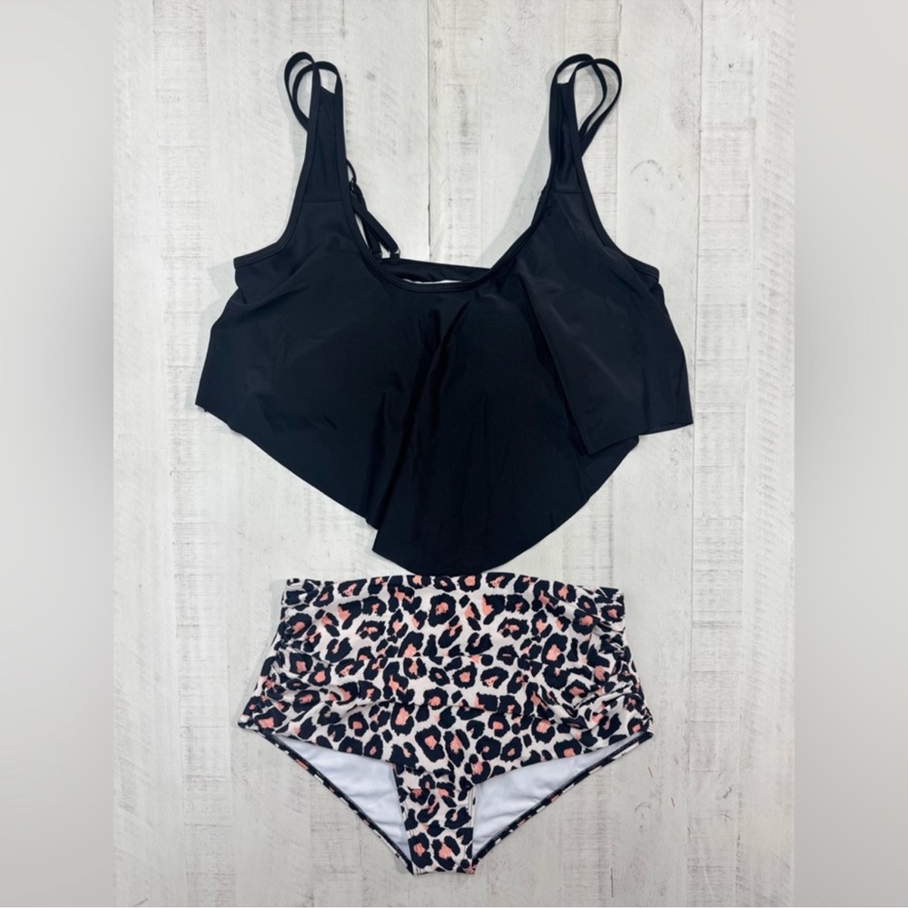 Two Piece Bathing Suit Ruffled Flounce Top with high waisted bikini bottoms - Picture 4 of 11